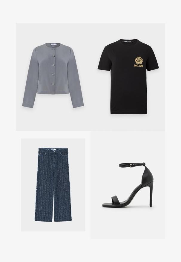 Grå kort jakke med rund halsudskæring, seks knaplukninger foran, lange ærmer og glat stofstruktur.; Sort kortærmet t-shirt med gyldt Just Cavalli-logo og udsmykket våbenskjold på venstre bryst.; Vide bukser i mørkeblåt denimstof med en tekstureret finish, flossede sidesømme, fire lommer og lukning med knapper foran.; Sort højhælet sandal med et sleek design, der har en ankelrem, åben tå og glat lædertekstur.
