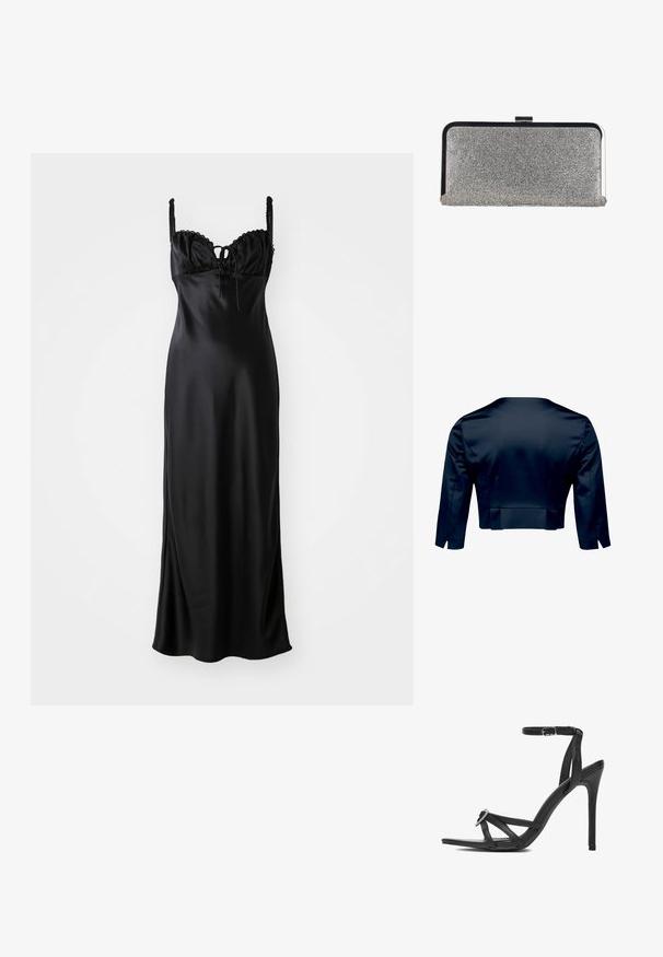 Dunkel marineblaue, kurz geschnittene Jacke mit langen Ärmeln, von hinten auf weißem Hintergrund gezeigt.; Schwarzes Satin-Maxikleid mit einem taillierten Oberteil, gewelltem Spitzenbesatz, verstellbaren Spaghetti-Trägern und einer Frontbindedetail.; Schwarze High-Heeled-Sandale mit dünnem Knöchelriemen, spitzer Spitze und dekorativer Strassverzierung vorne. Glatte Lederstruktur.; Rechteckige silberne Clutch-Tasche, bedeckt mit kleinen Strasssteinen, mit einem schwarzen und silbernen Metallrahmen und einem Verschluss.