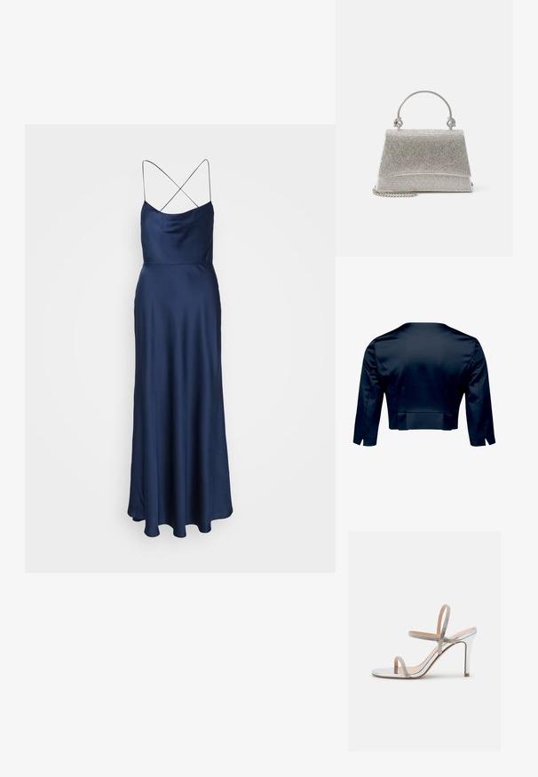 Dunkel marineblaue, kurz geschnittene Jacke mit langen Ärmeln, von hinten auf weißem Hintergrund gezeigt.; Jarlo ADIA - Ballkleid - navy; Madden Girl WISE - High Heel Sandalette - silver; ALDO FELISIA - Handtasche - silver-coloured