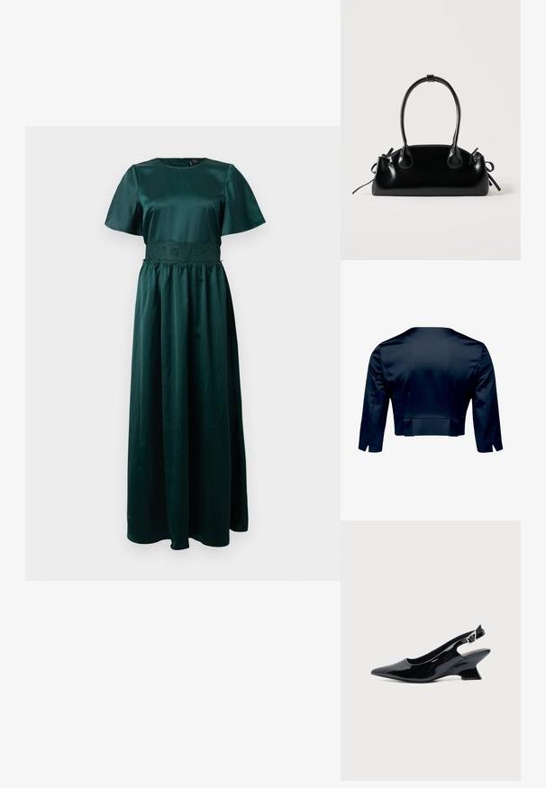 Dunkel marineblaue, kurz geschnittene Jacke mit langen Ärmeln, von hinten auf weißem Hintergrund gezeigt.; Grünes Satin-Maxikleid mit kurzen Ärmeln, einem Spitzenbund und einem fließenden Rock. Glatte Textur mit einem enganliegenden Oberteil.; Schwarzer Slingback-Schuh aus Lackleder mit spitzer Spitze und niedrigem, schrägem Blockabsatz auf einfachem hellem Hintergrund.; Kleine schwarze glänzende Handtasche mit zwei langen Griffen und seitlichen Kordelzug-Details vor einfachem hellem Hintergrund.