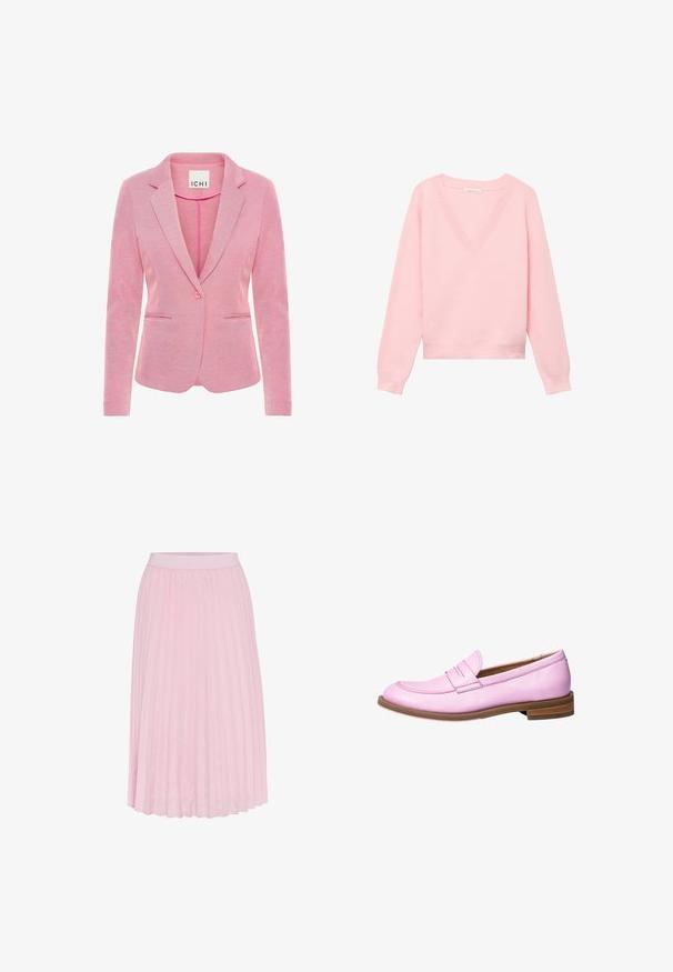 Rosa Blazer mit aufgesetztem Revers, Ein-Knopf-Verschluss, zwei vorderen Taschen und einem strukturierten Stoff. Etikett trägt die Aufschrift "ICHI."; Hellrosa gestrickter Pullover mit langen Ärmeln und einem weiten V-Ausschnitt, auf weißem Hintergrund dargestellt.; Faltenrock in Hellrosa, mit breitem elastischem Bund und glatter Textur. Die Falten erstrecken sich von der Taille bis zum Saum.; Lloyd MODERNER - Slipper - mischfarben