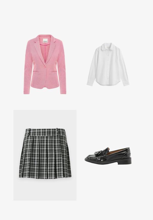 Blazer rosa con solapa de muesca, cierre de un solo botón, dos bolsillos delanteros y una tela texturizada. La etiqueta dice "ICHI."; Camisa blanca de manga larga con botones, cuello festoneado y puños abotonados, mostrada sobre un fondo blanco.; Falda plisada de cuadros en blanco y negro con una cintura suave y múltiples pliegues verticales. Fabricada en un tejido ligero.; Mocasín de cuero negro con borlas, detalles cosidos y tacón bajo en bloque, mostrado desde el lado exterior sobre fondo blanco.
