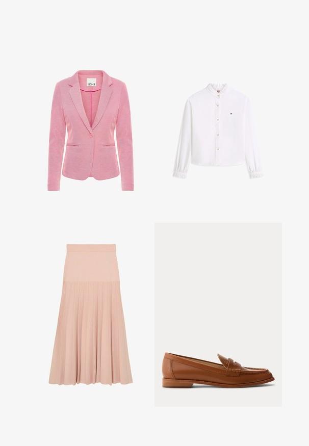 Lyserød blazer med en notch lapel, enkelt knaplukning, to frontlommer og et tekstureret stof. Mærket siger "ICHI."; Hvid langærmet bluse med flæset krave og manchetter, gyldne knapper foran og lille Tommy Hilfiger-logo på venstre bryst.; Lyserød midi-nederdel med en tætsiddende talje og plisseret design, der strækker sig fra midten af hoften til kanten.; Brun læderloafer med lavt træsål, klassisk penny-rem og syet detalje langs tå og sider.