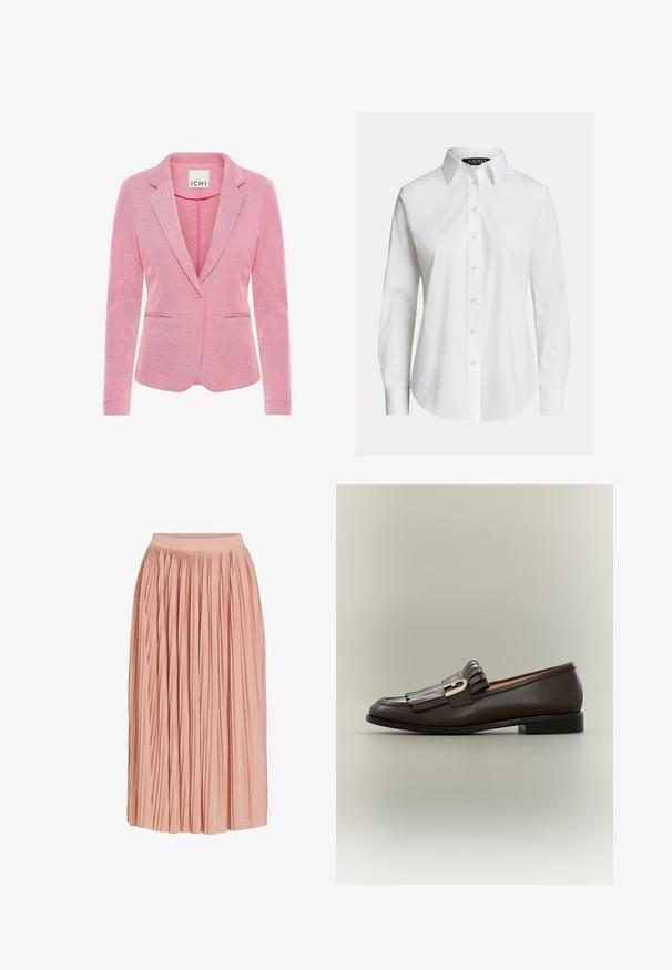 Blazer rosa con solapa de muesca, cierre de un solo botón, dos bolsillos delanteros y una tela texturizada. La etiqueta dice "ICHI."; Camisa blanca de manga larga con botones en el frente, cuello puntiagudo y dobladillo ligeramente curvado.; Falda plisada midi de color rosa claro con una cinturilla ancha, hecha de tela ligera, mostrada sobre un fondo blanco.; Mocasín de cuero marrón oscuro con detalle de flecos y hebilla dorada sobre un fondo neutro, vista lateral.
