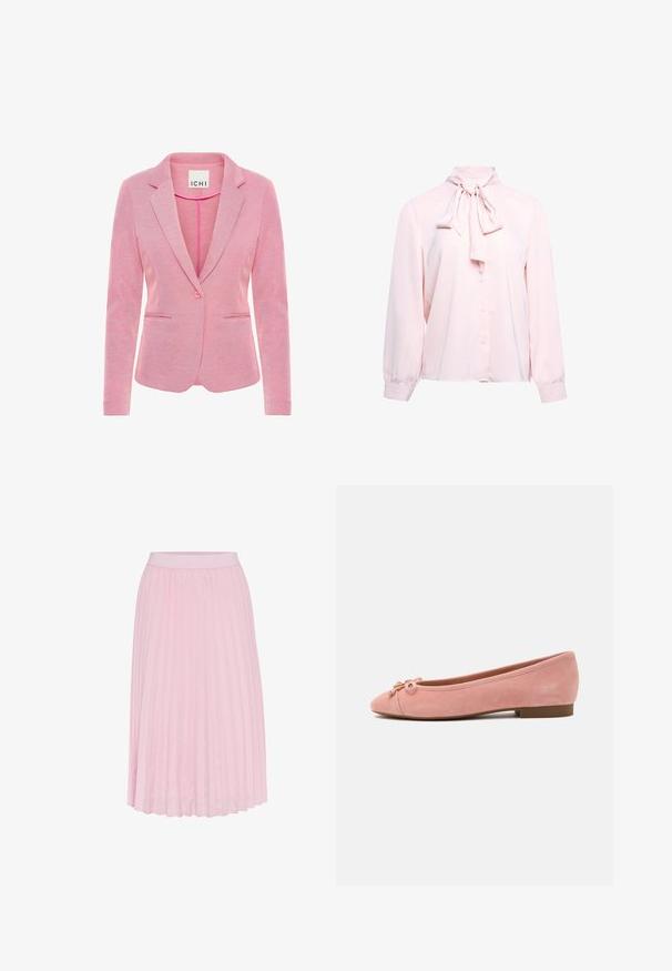 Rosa Blazer mit aufgesetztem Revers, Ein-Knopf-Verschluss, zwei vorderen Taschen und einem strukturierten Stoff. Etikett trägt die Aufschrift "ICHI."; Hellrosa Langarmbluse mit Knopfleiste und großer Schleife am hohen Kragen.; Faltenrock in Hellrosa, mit breitem elastischem Bund und glatter Textur. Die Falten erstrecken sich von der Taille bis zum Saum.; Weiche rosa Wildleder-Ballerinas mit kleiner Schleife und goldenem Akzent an der abgerundeten Spitze, niedrigem Absatz und glatter Sohle.