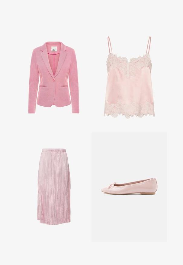 Rosa Blazer mit aufgesetztem Revers, Ein-Knopf-Verschluss, zwei vorderen Taschen und einem strukturierten Stoff. Etikett trägt die Aufschrift "ICHI."; Hellrosa Satin-Camisole mit weißer Spitzenverzierung entlang des Ausschnitts und Saums, mit dünnen, verstellbaren Trägern.; Faltenrock in Hellrosa, aus einem leichten, strukturierten Stoff mit einem elastischen Bund für zusätzlichen Komfort.; Rosa Ballerinas aus Lackleder mit spitzer Zehenpartie und dekorativer Schleife vorne. Mit flacher Sohle und nahtlosem Design.