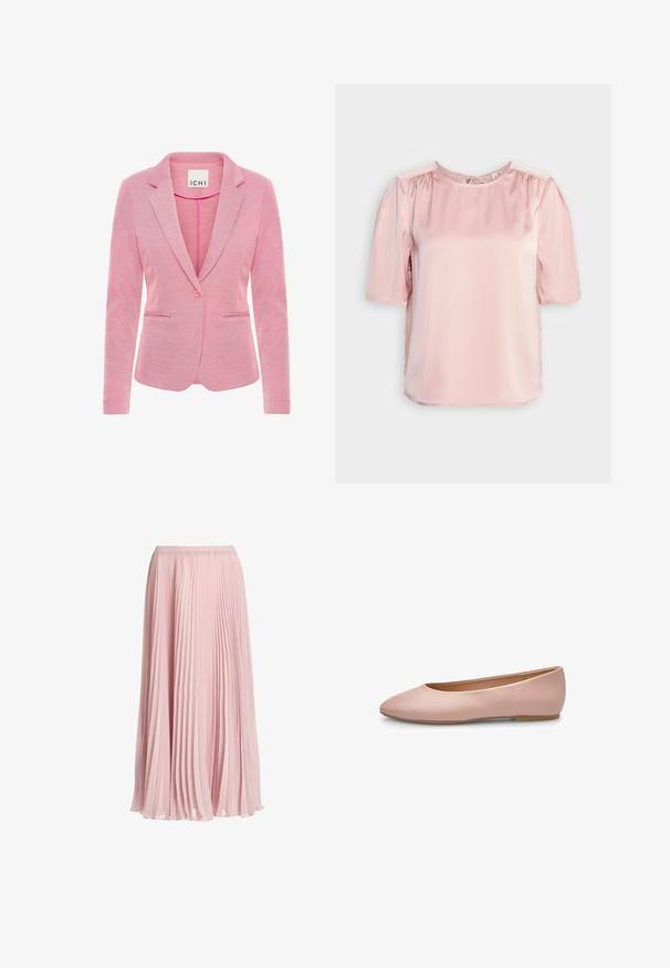 Ružový blazer s klopovým golierom, zapínaním na jeden gombík, dvoma prednými vreckami a textúrovanou látkou. Štítok hlási "ICHI."; ONLY ONLESTA - Blúzka - rose smoke; Stredne dlhá, svetloružová plisovaná sukňa s elastickým pásom, vyrobená z prúdiacej, ľahkej látky.; Ružový baletný flat z kože so špicatou špičkou, hladkou textúrou, minimálnymi detailmi a masívnou svetlohnedou podrážkou. Jednoduchý dizajn, bez ozdôb.