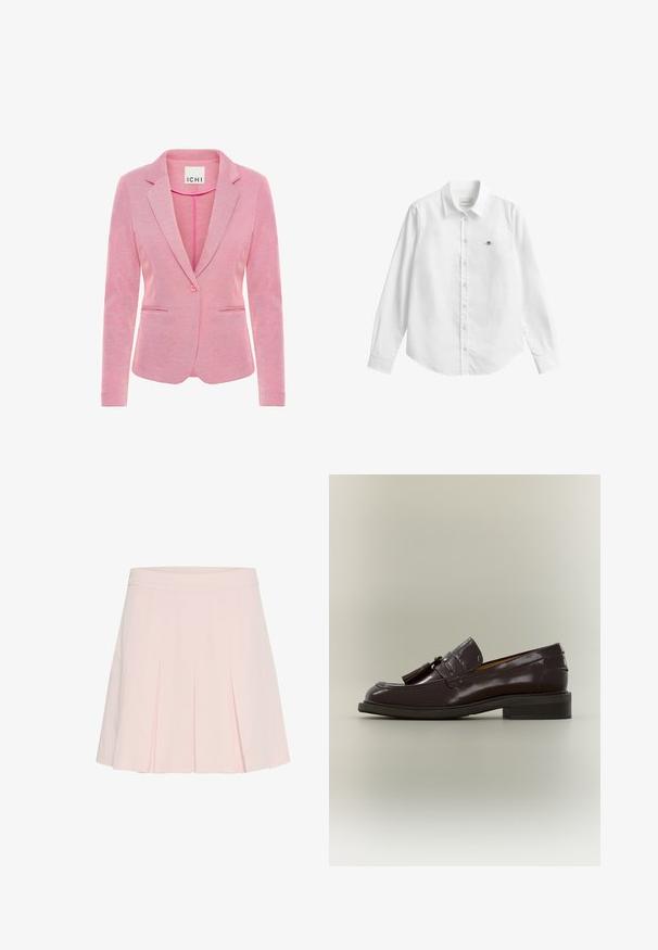 Blazer rosa con solapa de muesca, cierre de un solo botón, dos bolsillos delanteros y una tela texturizada. La etiqueta dice "ICHI."; Camisa blanca de manga larga con botones, confeccionada en tela con una ligera textura. Cuenta con un bolsillo frontal con un pequeño logo bordado y un cuello clásico.; Falda plisada de color rosa claro con cintura ajustada. Confeccionada en un tejido suave, presenta pliegues definidos y una textura suave.; Mocasín de cuero marrón oscuro con borlas, tacón bajo y suela cosida, mostrado de lado sobre un fondo neutro.