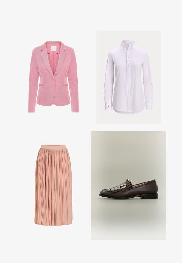 Lyserød blazer med en notch lapel, enkelt knaplukning, to frontlommer og et tekstureret stof. Mærket siger "ICHI."; Hvid langærmet skjorte med knapper foran, knappet krave og lille broderet logo på venstre manchet.; Lyserød midi-længde plisseret nederdel med bred linning, lavet af letvægtsstof, vist mod en hvid baggrund.; Mørkebrune læderloafer med frynsedetalje og guldbeslag på en neutral baggrund, sidevisning.