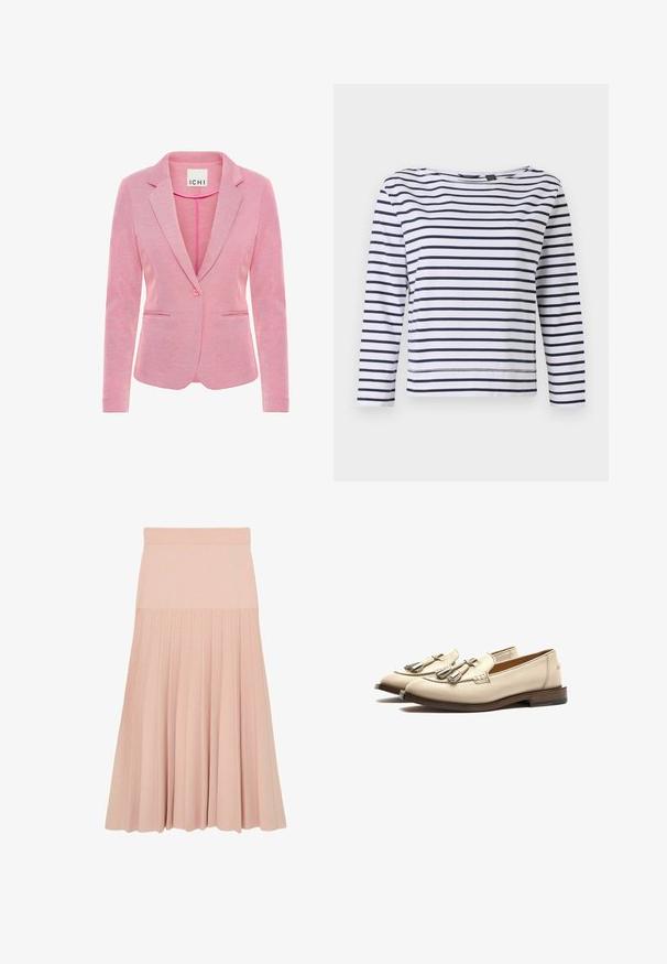 Rosa Blazer mit aufgesetztem Revers, Ein-Knopf-Verschluss, zwei vorderen Taschen und einem strukturierten Stoff. Etikett trägt die Aufschrift "ICHI."; Gestreiftes langärmeliges Oberteil in Weiß und Navy mit Bootsausschnitt und lockerer Passform. Hergestellt aus weichem Baumwollmaterial mit genähten Säumen.; Hellrosa Midirock mit tailliertem Bund und plissiertem Design, das sich von der Hüfte bis zum Saum erstreckt.; Scarosso Slipper - off white calf