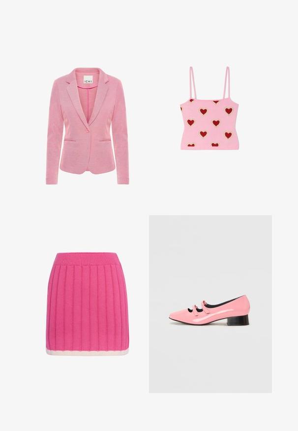 Rosa Blazer mit aufgesetztem Revers, Ein-Knopf-Verschluss, zwei vorderen Taschen und einem strukturierten Stoff. Etikett trägt die Aufschrift "ICHI."; Rosa bauchfreies Top mit Spaghettiträgern, verziert mit roten Herzmustern, die von kleinen weißen Perlen umrandet und gleichmäßig über den Stoff verteilt sind.; Gestrickter pinker Ripp-Minirock mit breitem Bund und schmalem weißem Saum.; Rosa Lackleder-Schuh mit spitzer Zehenform und zwei dekorativen Riemen. Verfügt über einen niedrigen schwarzen Blockabsatz und eine glatte Oberflächentextur.