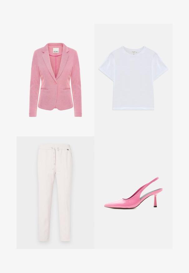Blazer rose avec un revers cranté, fermeture à un bouton, deux poches avant et un tissu texturé. Étiquette indiquant "ICHI."; T-shirt blanc court en coton doux, avec un col rond et des manches courtes, d'ajustement légèrement décontracté. Pas de motifs ni d'accents.; Pantalon de jogging rose clair avec taille élastique, cordon de serrage et poches latérales. Il présente une coupe fuselée et des détails de coutures discrètes.; Escarpin slingback rose brillant avec bout pointu et talon bloc de hauteur moyenne sur fond blanc.