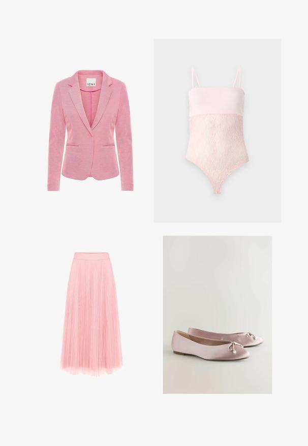 Rosa Blazer mit aufgesetztem Revers, Ein-Knopf-Verschluss, zwei vorderen Taschen und einem strukturierten Stoff. Etikett trägt die Aufschrift "ICHI."; Hellrosa Spitzenbody mit Spaghettiträgern und glatter oberer Partie vor hellem einfarbigem Hintergrund.; zero MIT PLIESSENDEM BECHER - Faltenrock - bridal rose; Rosa Satin-Ballettschuhe mit abgerundeter Zehe, dekorativem Bogen und Perlenakzent. Flache Sohle mit glatter Struktur und niedrigem Profil.