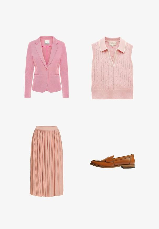 Rosa Blazer mit aufgesetztem Revers, Ein-Knopf-Verschluss, zwei vorderen Taschen und einem strukturierten Stoff. Etikett trägt die Aufschrift "ICHI."; Ärmellose, hellrosa Zopfmuster-Strickweste mit geripptem Saum und Kragen, offenem V-Ausschnitt und cremefarbener Einfassung am Kragen.; Hellrosa plissierter Midirock mit weitem Bund, aus leichtem Stoff, vor weißem Hintergrund dargestellt.; Brauner Leder-Loafer mit flachem Absatz, rundem Zehenbereich und dekorativem Riemen über dem Vorderblatt. Glatte Textur mit kontrastierenden Steppnähten.