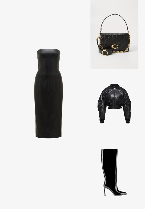 Chaqueta bomber de cuero negro recortada con puños y cuello de punto acanalado, que presenta un cierre frontal de cremallera y dos bolsillos laterales.; Vestido de cuero negro, sin tirantes, con una silueta ajustada, de longitud hasta la rodilla, textura suave y costuras verticales para mayor definición.; Bota negra de charol hasta la rodilla con punta afilada y tacón de aguja, acabado elegante y brillante.; Bolso de mano de cuero negro con diseño acolchado, una correa de cadena dorada y un prominente cierre dorado. Cuenta con una correa de cuero desmontable para mayor versatilidad.