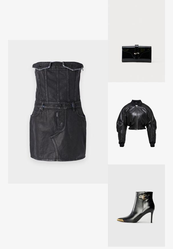 Chaqueta bomber de cuero negro recortada con puños y cuello de punto acanalado, que presenta un cierre frontal de cremallera y dos bolsillos laterales.; Vestido de mezclilla negro con un cuerpo ajustado, diseño con los hombros al descubierto, bolsillos frontales y costuras en contraste. Textura suave con un ligero brillo.; Botín negro hasta el tobillo fabricado en cuero brillante, con punta puntiaguda, tacón de aguja y detalles dorados con una hebilla decorativa.; Cartera rectangular negra y brillante con una correa frontal y cierre de broche metálico plateado, colocada sobre un fondo blanco liso.