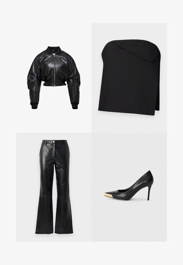 Chaqueta bomber de cuero negro recortada con puños y cuello de punto acanalado, que presenta un cierre frontal de cremallera y dos bolsillos laterales.; Minifalda negra asimétrica sin tirantes con un detalle de tela doblada en el borde superior frontal.; Pantalones de imitación cuero negro con una cintura alta, cierre de botón, presillas para cinturón y piernas acampanadas sobre un fondo blanco.; Zapato de tacón alto de cuero negro con puntera afilada; presenta un detalle metálico dorado en la tapa del tacón. Superficie lisa con un diseño elegante.