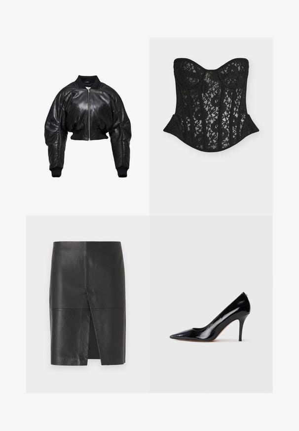 Chaqueta bomber de cuero negro recortada con puños y cuello de punto acanalado, que presenta un cierre frontal de cremallera y dos bolsillos laterales.; Corsé de encaje negro con un diseño estructurado, que presenta ballenas, escote corazón y un sutil patrón floral. Textura suave con una silueta ajustada.; Falda de cuero negra hasta la rodilla con una abertura frontal y detalles visibles de costuras horizontales y verticales.; Zapato de salón de charol negro con tacón alto y punta afilada, con textura suave y tacón de aguja delgado. Sin herrajes visibles.