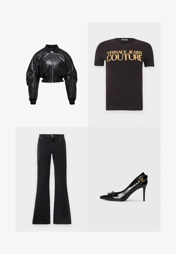 Chaqueta bomber de cuero negro recortada con puños y cuello de punto acanalado, que presenta un cierre frontal de cremallera y dos bolsillos laterales.; Camiseta negra de manga corta con "Versace Jeans Couture" en grandes letras doradas en el pecho, cuello redondo y etiqueta de tela en el interior.; Jeans de mezclilla negros acampanados con cinco bolsillos, cierre frontal de botón y costuras en contraste. La tela tiene una textura suave.; Zapato de tacón alto de charol negro con punta afilada, detalle de lazo en la parte frontal y un acento decorativo de hardware en tono dorado en la parte trasera.