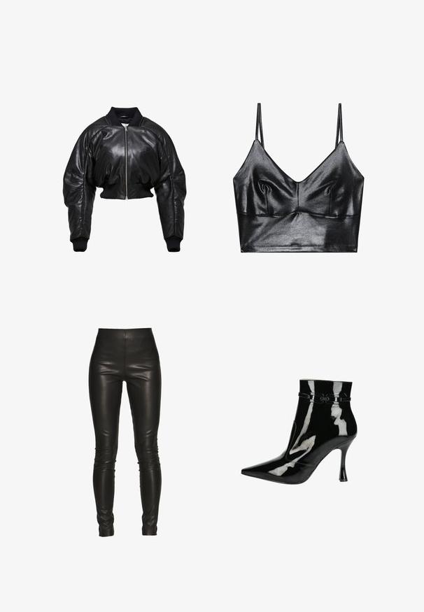 Chaqueta bomber de cuero negro recortada con puños y cuello de punto acanalado, que presenta un cierre frontal de cremallera y dos bolsillos laterales.; Bralette negro y brillante con tirantes delgados ajustables, que presenta un escote en V, textura suave y sutil fruncido en el busto para darle forma.; Leggings de cuero negro con cintura alta, ajuste ceñido, textura suave y sin costuras visibles ni detalles de hardware.; Botín de charol negro con puntera afilada, acabado brillante, diseño elegante y tacón de aguja estrecho. Detalles decorativos en las correas.