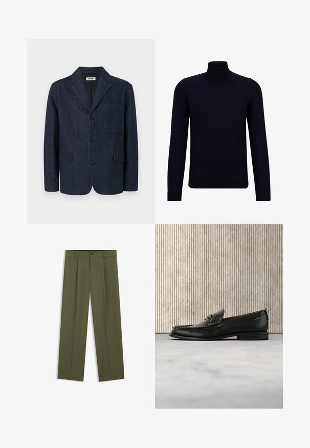 Mørkeblå skræddersyet blazer med tre knapper, notch revers, brystlomme og to forlommer med klap, vist på en hvid baggrund.; Mørkeblå turtleneck sweater lavet af fint strikstof, med lange ærmer og en tætsiddende, høj halsudskæring. Ingen synlige mønstre eller detaljer.; Olivengrønne bukser med lige ben, bæltestropper, en knap foran og lynlås, vist fladt mod en hvid baggrund.; Sort læderloafers med guldfarvet metaldekoration og "HUGO" branding, vist mod en beige tæppe og brunt gennemsigtigt møbel.