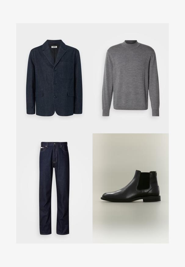 Dunkelblauer, maßgeschneiderter Blazer mit drei Knöpfen, rechtem Revers, Brusttasche und zwei vorderen Pattentaschen, dargestellt auf weißem Hintergrund.; Grauer Langarmpullover aus Strickmaterial, mit einem Stehkragen und einem dezenten Logo auf der Brust. Glatte Textur und figurbetonter Schnitt.; Dunkelblaue Denim-Jeans mit geradem Bein, ausgestattet mit einem Knopfverschluss, fünf Taschen und kontrastierenden Nähten.; Schwarzer Leder-Chelsea-Stiefel mit elastischem Seitenpanel und niedrigem Absatz, von der Außenseite auf neutralem Hintergrund gezeigt.