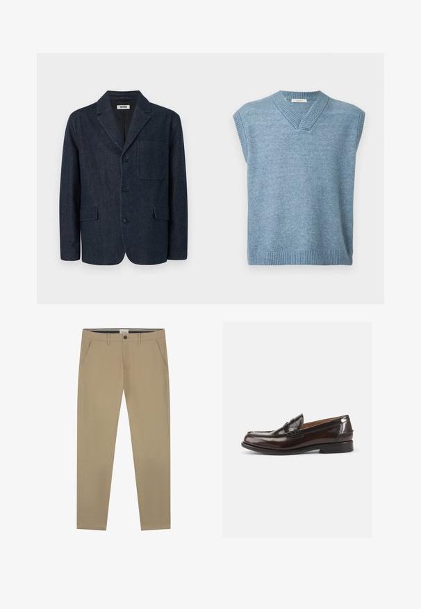 Dunkelblauer, maßgeschneiderter Blazer mit drei Knöpfen, rechtem Revers, Brusttasche und zwei vorderen Pattentaschen, dargestellt auf weißem Hintergrund.; Hellblauer ärmelloser Pullover mit V-Ausschnitt und geripptem Saum sowie Kragen auf einem schlichten weißen Hintergrund.; Beige Chinos aus glattem Baumwollstoff, mit geradem Bein, einem Knopfverschluss und zwei Seitentaschen. Dezente Nähdetails.; Braune Lederloafer mit glänzender Oberfläche, einem gesteppten Design an der Spitze und einem niedrigen Absatz. Seitliches geprägtes Branding-Detail ist vorhanden.