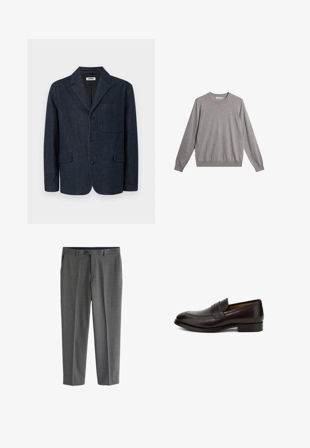 Blazer azul oscuro hecho a medida con tres botones, solapa con muesca, bolsillo en el pecho y dos bolsillos frontales con solapa, mostrado sobre un fondo blanco.; Suéter gris hecho de material suave, con cuello redondo, puños y dobladillo de canalé, y un logo sutil en la parte frontal.; Pantalones de vestir grises a medida para hombre con bolsillos laterales, trabillas para cinturón y cierre con botón en la cintura.; Mocasines de cuero marrón con un acabado liso, punta redondeada y un diseño cosido en el empeine. Tacón bajo y cuadrado con un brillo sutil.