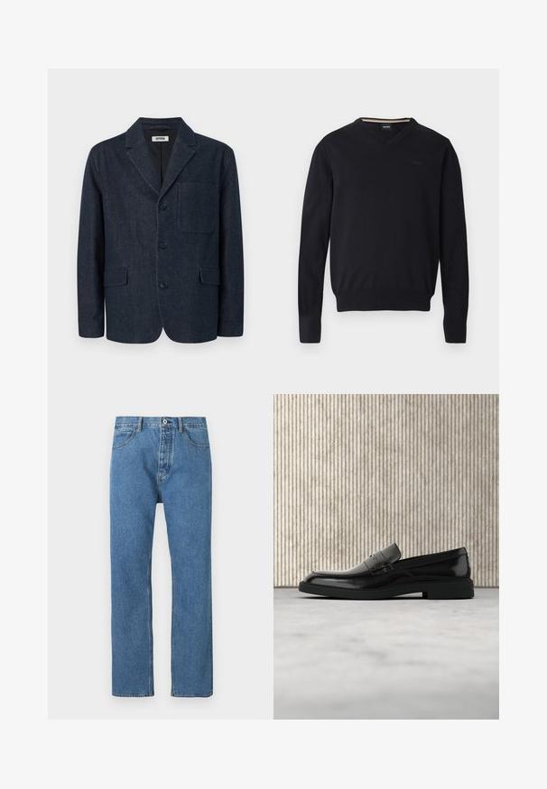 Blazer azul oscuro hecho a medida con tres botones, solapa con muesca, bolsillo en el pecho y dos bolsillos frontales con solapa, mostrado sobre un fondo blanco.; Suéter negro de escote en V hecho de tela de punto suave. Cuenta con mangas largas, puños y dobladillo acanalados, con detalle de logo en relieve en el pecho.; Pantalones vaqueros de mezclilla azul claro con corte recto, cinco bolsillos, cierre de botón y detalles de costuras sutiles a lo largo de las costuras.; Zapato loafer de cuero negro pulido flotando sobre una alfombra beige con muebles translúcidos naranjas de fondo.