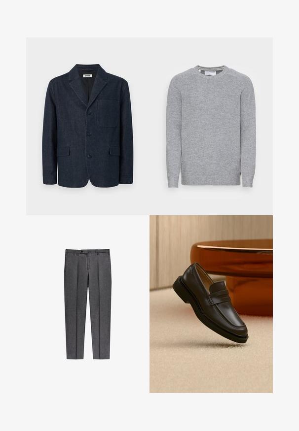 Blazer azul oscuro hecho a medida con tres botones, solapa con muesca, bolsillo en el pecho y dos bolsillos frontales con solapa, mostrado sobre un fondo blanco.; Suéter gris de punto con cuello redondo, puños y dobladillo de canalé. Textura suave y un diseño clásico y sencillo con aberturas laterales.; Pantalones gris ajustados confeccionados en una tela texturizada, con cierre de botón, pliegues delanteros y piernas rectas.; Zapato mocasín de cuero negro flotando sobre una alfombra beige con muebles marrones redondeados al fondo.