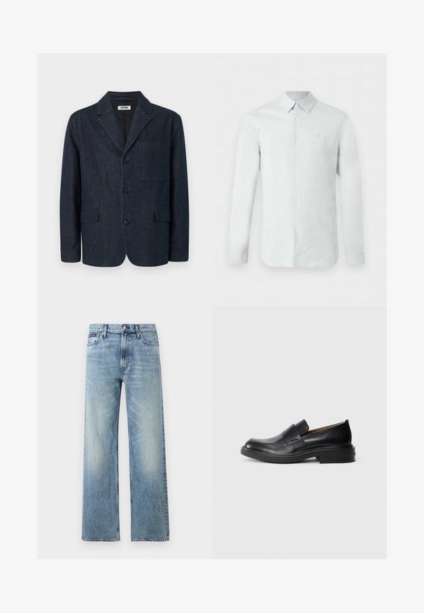Dunkelblauer, maßgeschneiderter Blazer mit drei Knöpfen, rechtem Revers, Brusttasche und zwei vorderen Pattentaschen, dargestellt auf weißem Hintergrund.; Hellblaues Herrenhemd mit langen Ärmeln, Knopfleiste vorne und Kragen, mit dezentem Markenlogo auf der linken Brust.; Hellblaue Jeans mit geradem Bein, hohem Bund, fünf Taschen, Knopfverschluss und dezentem Verblassen an Oberschenkeln und Knien.; Schwarze Leder-Pantoletten mit niedrigem Absatz und dezentem Calvin Klein-Logo an der Seite, im Profil vor einem weißen Hintergrund dargestellt.