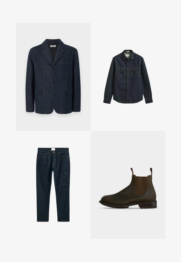 Donkerblauwe op maat gemaakte blazer met drie knopen, notch-revers, borstzak en twee voorzakken met klep, afgebeeld op een witte achtergrond.; Donkerblauw denim overhemd met lange mouwen, knoopsluiting en twee voorzakken op de borst met knopen.; Donkerblauwe denim jeans, rechte pasvorm, met vijf zakken, knoopsluiting en contrasterende stiksels. Gladde textuur met een klassiek ontwerp.; Donkerbruine leren Chelsea-laars met elastische zijpanelen, aantreklus bij de enkel en een grof profiel rubberen zool.