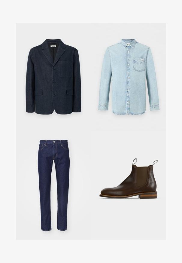 Dunkelblauer, maßgeschneiderter Blazer mit drei Knöpfen, rechtem Revers, Brusttasche und zwei vorderen Pattentaschen, dargestellt auf weißem Hintergrund.; Hellblaues Denim-Hemd mit langen Ärmeln, Knopfleiste vorne, einer Brusttasche mit Calvin Klein-Logo und spitzem Kragen.; Marineblaue Denim-Jeans mit geradem Schnitt, fünf Taschen, kontrastierendem orangenem Nahtdesign und einem silbernen Knopfverschluss an der Taille.; Dunkelbrauner Leder-Chelsea-Stiefel mit elastischem Seitenteil, Zuglaschen vorne und hinten, niedrigem gestapeltem Absatz und abgerundeter Spitze.