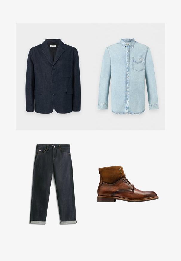Dunkelblauer, maßgeschneiderter Blazer mit drei Knöpfen, rechtem Revers, Brusttasche und zwei vorderen Pattentaschen, dargestellt auf weißem Hintergrund.; Hellblaues Denim-Hemd mit langen Ärmeln, Knopfleiste vorne, einer Brusttasche mit Calvin Klein-Logo und spitzem Kragen.; Dunkelblaue Denim-Jeans mit umgeschlagenen Bündchen, fünf Taschen und kontrastierender Naht, flach auf weißem Hintergrund liegend.; Kazar ALID - Schnürstiefelette - brown
