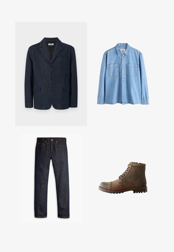 Mørkeblå skræddersyet blazer med tre knapper, notch revers, brystlomme og to forlommer med klap, vist på en hvid baggrund.; Lyseblå denimskjorte med lange ærmer, knaplukning foran og to brystlommer, vist på hvid baggrund.; Mørkeblå denimjeans med lige pasform, fem-lomme design, kobbernitter, gul syning og et markant struktureret stof.; Brun læder ankelstøvle med rundt tåafsnit, polstret krave, seks snørehuller og tekstureret gummisål. Stitch-inspirerede detaljer på siderne.