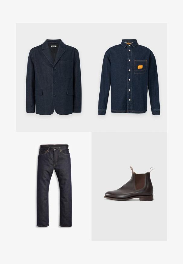 Dunkelblauer, maßgeschneiderter Blazer mit drei Knöpfen, rechtem Revers, Brusttasche und zwei vorderen Pattentaschen, dargestellt auf weißem Hintergrund.; Dunkelblaue Denim-Hemd mit Button-Down-Kragen, orangefarbener Etikett auf der Brusttasche und weißen Knöpfen. Weiche Textur mit Kontrastnähte.; Dunkelblaue Jeans aus Denim mit geradem Schnitt, Fünf-Taschen-Design, metallischen Komponenten und kontrastierenden orangen Nähten. Glatte Textur, keine sichtbaren Muster.; Braune Leder-Chelsea-Stiefel mit elastischen seitlichen Einsätzen, Zugschlaufe, abgerundetem Zehenbereich und niedrigem, gestapeltem Absatz. Glatte Textur, minimalistisches Design.