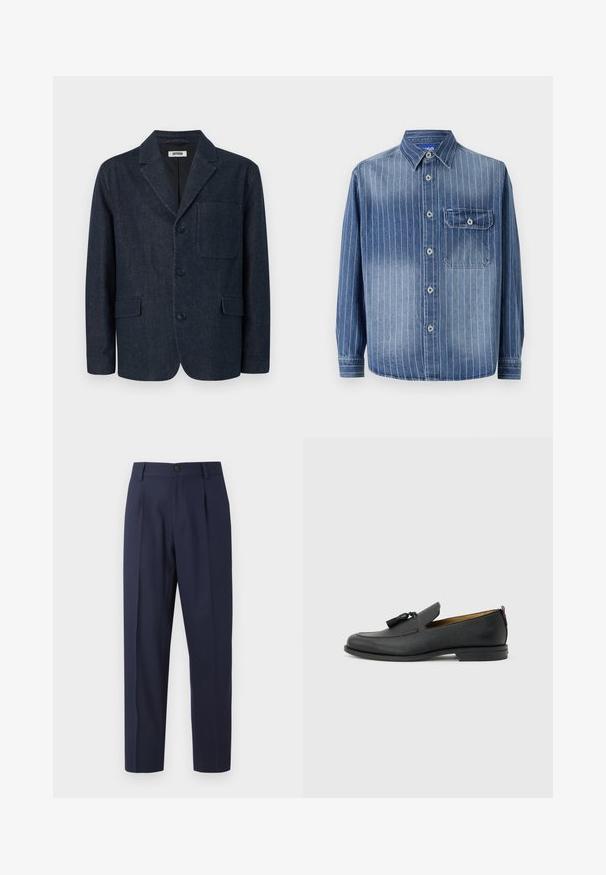 Donkerblauwe op maat gemaakte blazer met drie knopen, notch-revers, borstzak en twee voorzakken met klep, afgebeeld op een witte achtergrond.; Denim shirt met verticale lichtblauwe strepen, klassieke kraag, knoopsluiting, borstzak aan de linkerzijde en lange mouwen met knoopmanchetten.; Navyblauwe broek van gladde stof, met een recht gesneden ontwerp, plooien aan de voorkant en een enkele knoopsluiting in de taille.; Zwarte leren herenslof met kwastjes, ronde neus, lage hak en trekkoord aan de achterkant, zijaanzicht op lichtgrijze achtergrond.