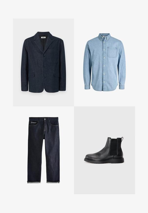Mørkeblå skræddersyet blazer med tre knapper, notch revers, brystlomme og to forlommer med klap, vist på en hvid baggrund.; Lyseblå denimskjorte med knapper, lange ærmer, krave, brystlomme og subtil tekstur. Har hvide knapper langs knapstolpen.; Mørkeblå denimjeans med opsmøgede manchetter, knap- og lynlåslukning, for- og møntlommer samt kontrastsyning på hvid baggrund.; Sorte læder chelsea støvler med tekstureret finish, elastiske sidepaneler og en robust gummisål. Subtil branding på hælen.
