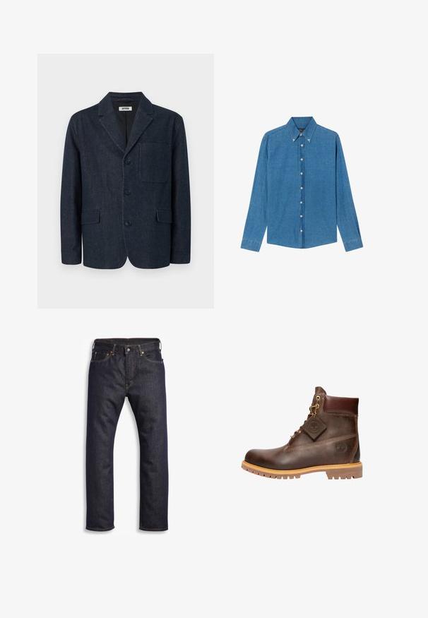 Dunkelblauer, maßgeschneiderter Blazer mit drei Knöpfen, rechtem Revers, Brusttasche und zwei vorderen Pattentaschen, dargestellt auf weißem Hintergrund.; Blaue Denim-Hemd mit Button-down-Kragen, langen Ärmeln und Knöpfen vorne. Der Stoff hat eine strukturierte Oberfläche und einen klassischen Schnitt.; Dunkelblaue Jeans aus Denim mit geradem Schnitt, Fünf-Taschen-Design, metallischen Komponenten und kontrastierenden orangen Nähten. Glatte Textur, keine sichtbaren Muster.; Braune Leder-Ankelstiefel mit runder Zehenpartie, robuster Sohle, goldfarbener Hardware und strukturiertem Obermaterial. Enthält ein angehängtes Logo-Tag.