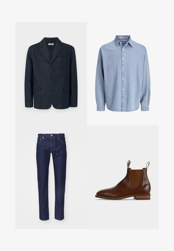 Dunkelblauer, maßgeschneiderter Blazer mit drei Knöpfen, rechtem Revers, Brusttasche und zwei vorderen Pattentaschen, dargestellt auf weißem Hintergrund.; Himmelblaue Jeanshemd mit langen Ärmeln, Kragen und weißen Knöpfen, präsentiert vor einem schlichten weißen Hintergrund.; Marineblaue Denim-Jeans mit geradem Schnitt, fünf Taschen, kontrastierendem orangenem Nahtdesign und einem silbernen Knopfverschluss an der Taille.; Brauner Leder-Chelsea-Stiefel mit elastischen Seitenteilen, Zuglaschen vorne und hinten sowie gestapeltem Holzabsatz.