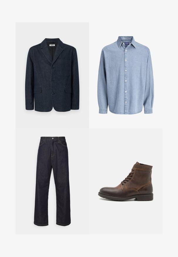 Donkerblauwe op maat gemaakte blazer met drie knopen, notch-revers, borstzak en twee voorzakken met klep, afgebeeld op een witte achtergrond.; Lichtblauwe denim lange mouw knoophemd met kraag en witte knopen, weergegeven tegen een effen witte achtergrond.; Donkerblauwe rechte spijkerbroek met gele stiksels, voorknop, ritssluiting en vijf pocket ontwerp.; Jack & Jones JFWDELANEY BOOT - Veterboots - cognac