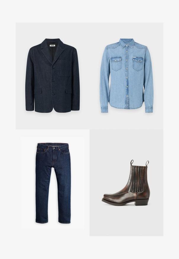 Mørkeblå skræddersyet blazer med tre knapper, notch revers, brystlomme og to forlommer med klap, vist på en hvid baggrund.; Lyseblå denimskjorte med lange ærmer, spidse krave og trykknaplukning. Har to brystlommer med klapper. Lige snit.; Person iført mørkeblå straight-leg jeans, hvide sneakers og en olivengrøn sweatshirt, hænder i lommerne, står mod en grå baggrund.; Brun læder ankelstøvle med en glat overflade, elastiske sidepaneler, en rund tå, dekorativ syning og en lav blokhæl.