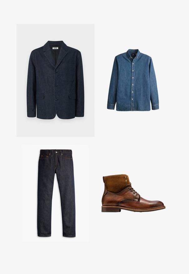 Dunkelblauer, maßgeschneiderter Blazer mit drei Knöpfen, rechtem Revers, Brusttasche und zwei vorderen Pattentaschen, dargestellt auf weißem Hintergrund.; Denim-Hemd in Mittelblau, mit langen Ärmeln, spitzem Kragen, weißen Knöpfen und einer taillierten Passform sowie dezentem Logostick.; Dunkelblaue Jeans aus Denim mit geradem Schnitt, fünf Taschen-Design, kupfernen Nieten, gelben Nähten und einem ausgeprägten strukturierten Stoff.; Kazar ALID - Schnürstiefelette - brown