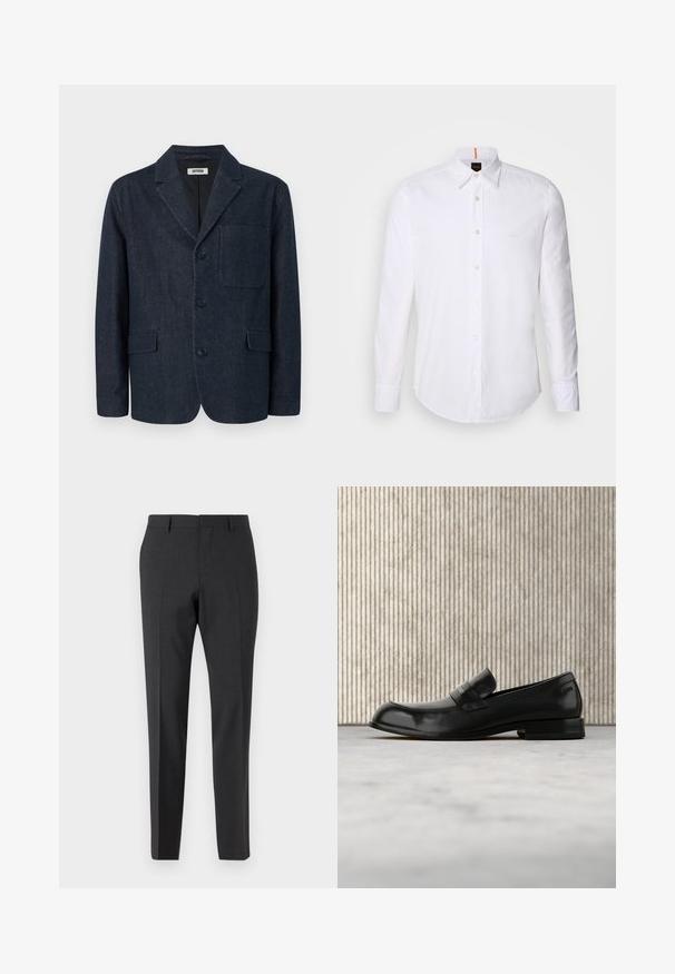 Donkerblauwe op maat gemaakte blazer met drie knopen, notch-revers, borstzak en twee voorzakken met klep, afgebeeld op een witte achtergrond.; Witte langwerpige overhemd met lange mouwen van katoen, met een klassieke kraag, een subtiel logo dicht bij de borst en witte knopen.; Donkergrijze op maat gemaakte broeken met een gladde textuur, slim fit, platte voorkant en riemlussen, ontworpen voor formele of zakelijke kleding.; Zwarte leren loafer met metalen accent, zwevend weergegeven boven een beige tapijt, met een ronde, amberkleurige tafel op de achtergrond.