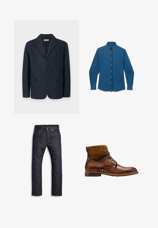 Dunkelblauer, maßgeschneiderter Blazer mit drei Knöpfen, rechtem Revers, Brusttasche und zwei vorderen Pattentaschen, dargestellt auf weißem Hintergrund.; Blaues Jeanshemd mit langen Ärmeln, durchgehender Knopfleiste, spitzem Kragen und kleinem, gesticktem Logo auf der linken Brust.; Dunkelblaue Jeans aus Denim mit geradem Schnitt, Fünf-Taschen-Design, metallischen Komponenten und kontrastierenden orangen Nähten. Glatte Textur, keine sichtbaren Muster.; Kazar ALID - Schnürstiefelette - brown