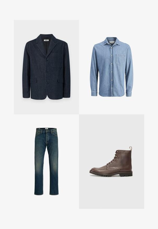 Dunkelblauer, maßgeschneiderter Blazer mit drei Knöpfen, rechtem Revers, Brusttasche und zwei vorderen Pattentaschen, dargestellt auf weißem Hintergrund.; Helles blaues Denimhemd mit Button-Down-Kragen, langen Ärmeln, einer einzelnen Brusttasche und gesticktem Logo auf der Tasche.; Denim-Jeans mit einem mittelblauen Waschprozess, geradem Bein, klassischem Fünf-Taschen-Design und leichter Ausbleichung an den Oberschenkeln für einen angenehmen Textur-Effekt.; Hackett London SLOANE APRON - Schnürstiefelette - dark mocca brown