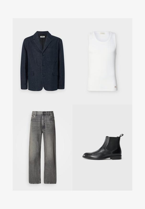 Donkerblauwe op maat gemaakte blazer met drie knopen, notch-revers, borstzak en twee voorzakken met klep, afgebeeld op een witte achtergrond.; Witte geribbelde mouwloze tanktop met ronde halslijn en een klein Calvin Klein-logo labeltje bij de zoom op een effen achtergrond.; Wijde jeans in donkergrijze denim met een vervaagde finish. Voorzien van een klassieke vijfzakkenontwerp en riemlussen.; Zwarte leren enkelboot met elastische zijpanelen, ronde neus en een trekhaak. Gladde textuur, platte zool, minimalistisch ontwerp.