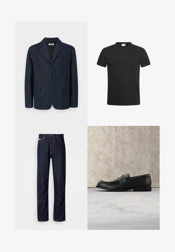 Dunkelblauer, maßgeschneiderter Blazer mit drei Knöpfen, rechtem Revers, Brusttasche und zwei vorderen Pattentaschen, dargestellt auf weißem Hintergrund.; Schwarzes T-Shirt mit kurzen Ärmeln und Rundhalsausschnitt mit kleinem, dezentem "cK" Logo auf der linken Brust.; Dunkelblaue Denim-Jeans mit geradem Bein, ausgestattet mit einem Knopfverschluss, fünf Taschen und kontrastierenden Nähten.; Schwarzer Lederloafer mit einer Metallmarkenplatte, der nahe einem braunen runden Tisch auf beigem Teppichboden ruht.