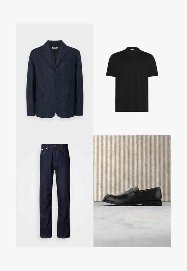 Dunkelblauer, maßgeschneiderter Blazer mit drei Knöpfen, rechtem Revers, Brusttasche und zwei vorderen Pattentaschen, dargestellt auf weißem Hintergrund.; Schwarzes T-Shirt mit kurzem, hohem Kragen. Aus weichem Stoff gefertigt, verfügt es über kurze Ärmel und eine lässige Passform ohne auffällige Muster oder Akzente.; Dunkelblaue Denim-Jeans mit geradem Bein, ausgestattet mit einem Knopfverschluss, fünf Taschen und kontrastierenden Nähten.; Schwarzer Lederloafer mit einer Metallmarkenplatte, der nahe einem braunen runden Tisch auf beigem Teppichboden ruht.