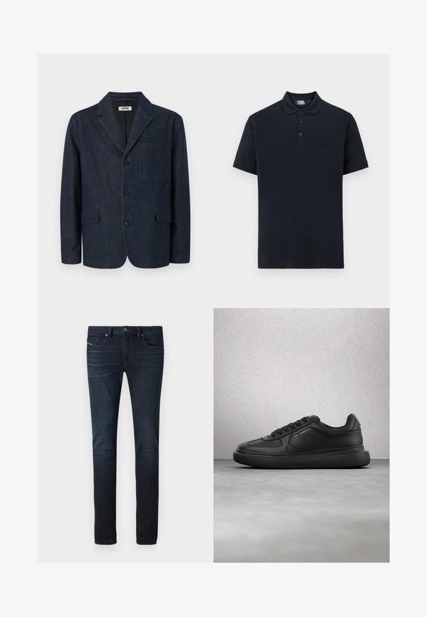 Donkerblauwe op maat gemaakte blazer met drie knopen, notch-revers, borstzak en twee voorzakken met klep, afgebeeld op een witte achtergrond.; Navy polo shirt van katoen, met een klassieke kraag, drie knopen en een geborduurd logo op de linkerborst. Korte mouwen, gladde textuur.; Donkerblauwe slim-fit jeans met lichte vervaging op de dijen, voorzakken, riemlussen en een knoopsluiting bij de taille.; Zwarte leren sneaker met veters, "Karl Lagerfeld" branding op de tong en zijkant, weergegeven tegen een moderne glazen blokmuur en betonnen vloer.